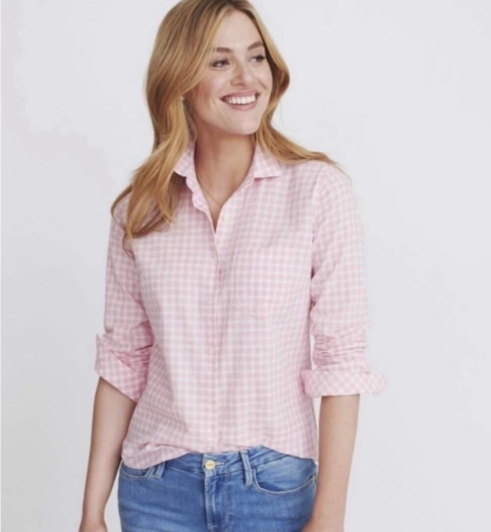 UNTUCKit Gingham Plaid Collared Long Sleeve Shirt White Pink Size 8 NEW